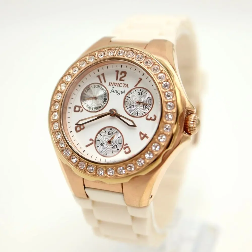 Invicta Angel Rose Gold Tone White 38mm Watch Calendar Silicone w New Battery